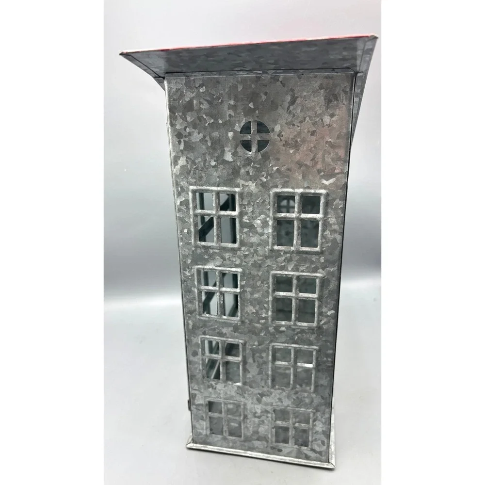 Galvanized Metal House Lantern Red‎ Roof Chimney Window Panes Rustic Farmhouse